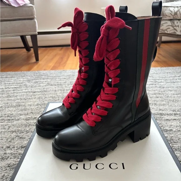 Gucci | Shoes | Gucci Black And Red Laceup Boots With Chunky  display picture 2
